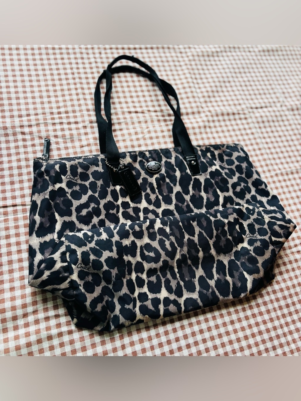 Coach Black and Beige Leopard-Print Nylon Tote